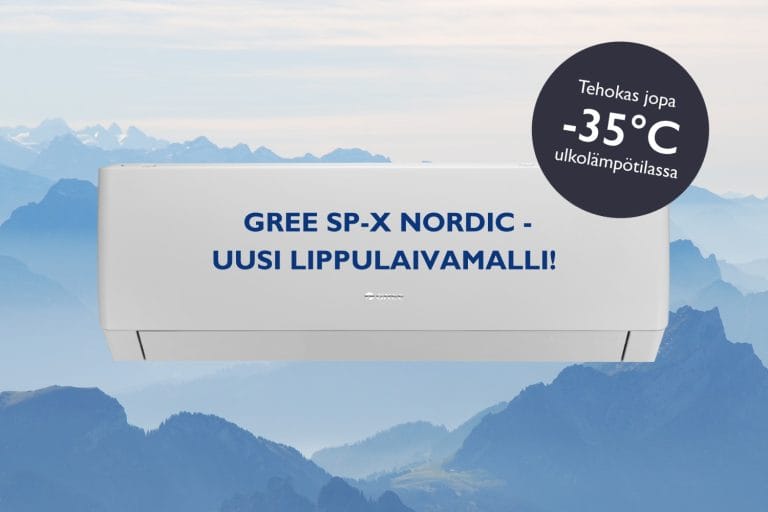 GREE SP-X Nordic -ilmalämpöpumppu mainoskuvassa. Taustalla vuorimaisema.